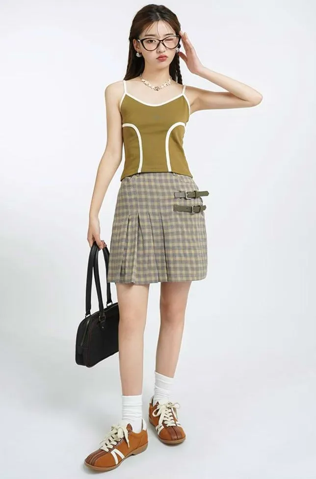 Asymmetric Pleats Plaid Mini Skirt