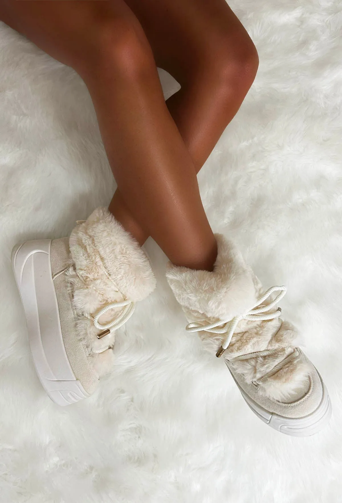 Baby It's Cold Cream Faux Fur Lace Up Platform Boots