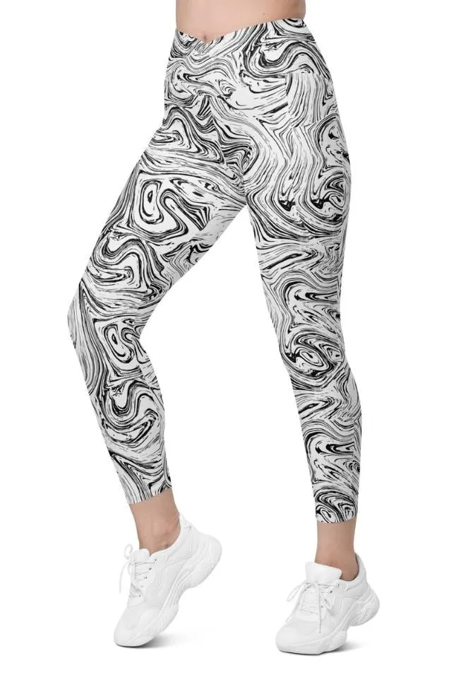 Black & White Marble Crossover Leggings With Pockets