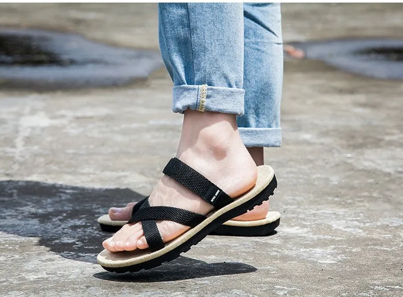 Black Cross Linen Slide Sandals