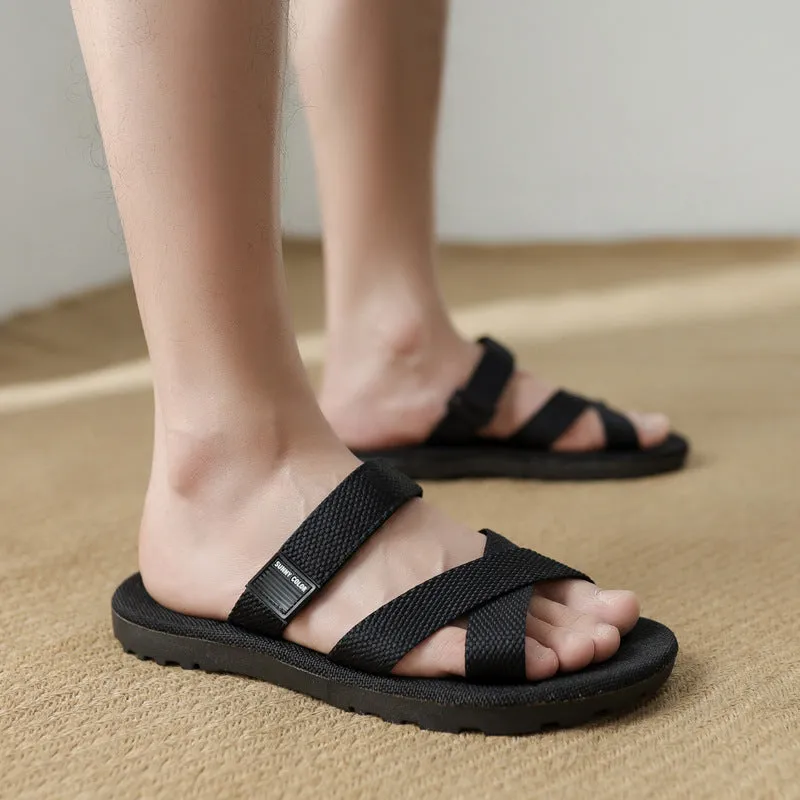 Black Cross Linen Slide Sandals