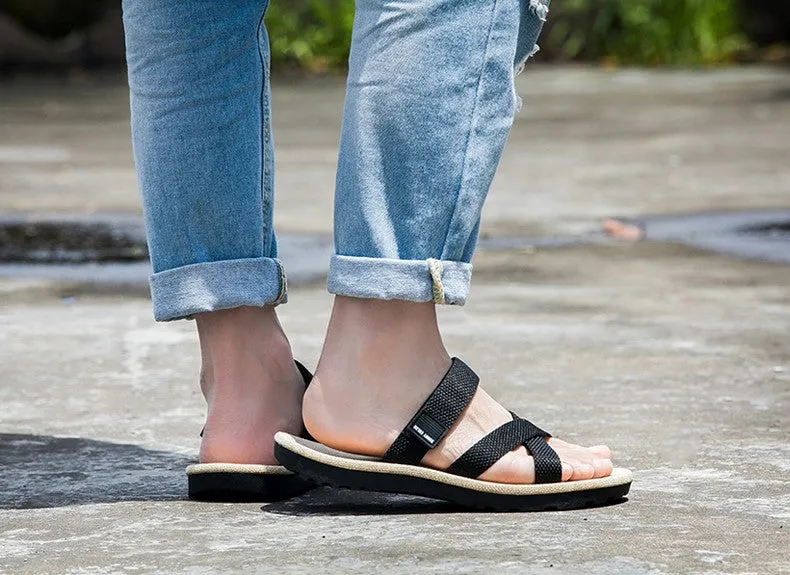 Black Cross Linen Slide Sandals