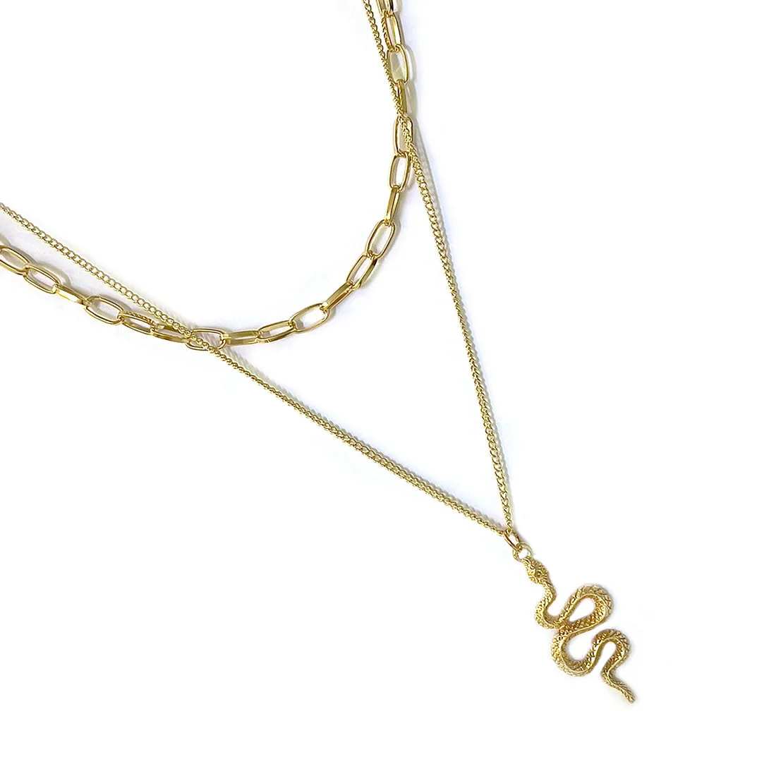 Chunky Chain-Link Snake Pendant Gold-Toned Multi-Layered Necklace