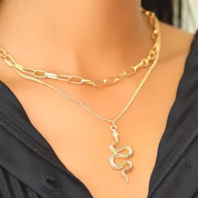 Chunky Chain-Link Snake Pendant Gold-Toned Multi-Layered Necklace