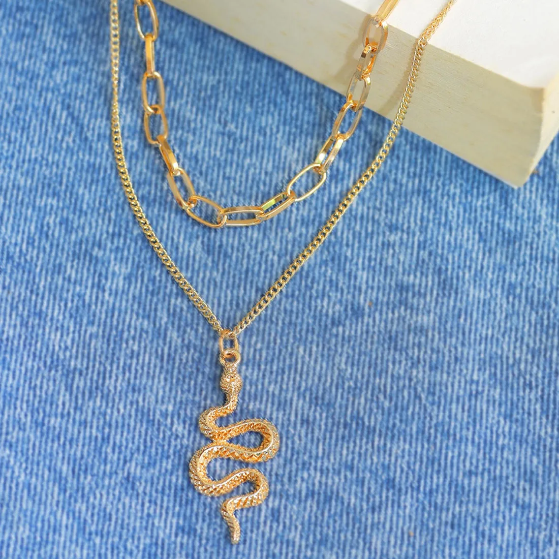 Chunky Chain-Link Snake Pendant Gold-Toned Multi-Layered Necklace