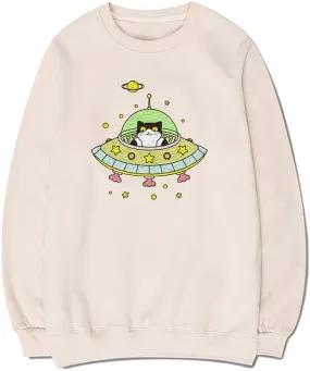 CORIRESHA Space Lover Sweatshirt Crew Neck Long Sleeve Cute Cat Spaceship Pullover