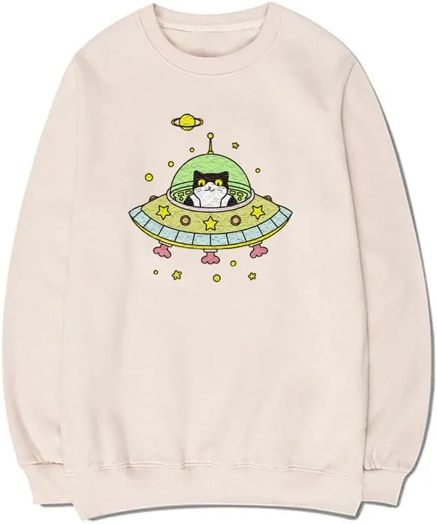 CORIRESHA Space Lover Sweatshirt Crew Neck Long Sleeve Cute Cat Spaceship Pullover