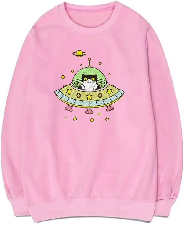 CORIRESHA Space Lover Sweatshirt Crew Neck Long Sleeve Cute Cat Spaceship Pullover