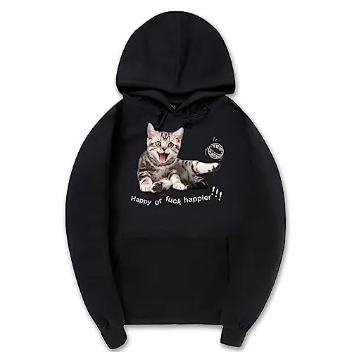 CORIRESHA Women's Happy Cat Hoodie Casual Long Sleeve Drawstring Basic Cute Sweatshirt