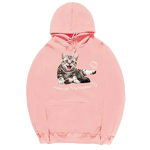 CORIRESHA Women's Happy Cat Hoodie Casual Long Sleeve Drawstring Basic Cute Sweatshirt