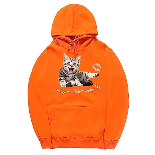 CORIRESHA Women's Happy Cat Hoodie Casual Long Sleeve Drawstring Basic Cute Sweatshirt