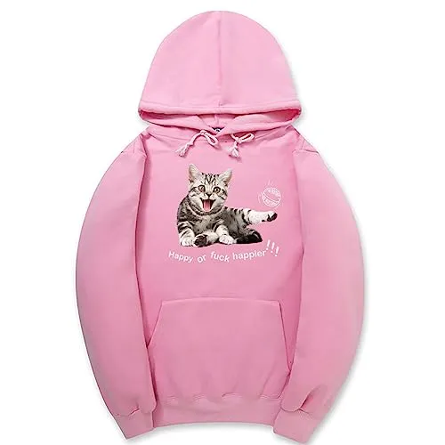 CORIRESHA Women's Happy Cat Hoodie Casual Long Sleeve Drawstring Basic Cute Sweatshirt