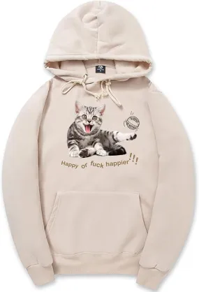 CORIRESHA Women's Happy Cat Hoodie Casual Long Sleeve Drawstring Basic Cute Sweatshirt