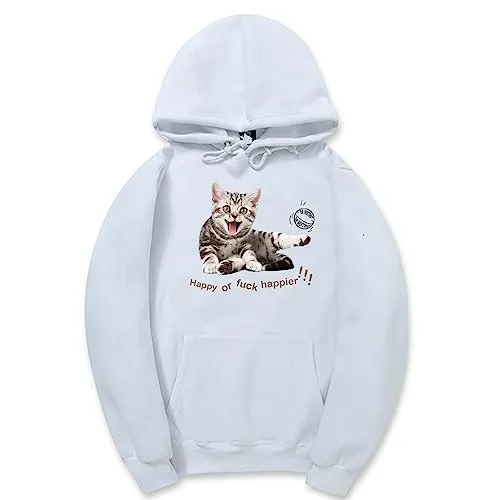 CORIRESHA Women's Happy Cat Hoodie Casual Long Sleeve Drawstring Basic Cute Sweatshirt