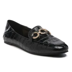 Croc Textured Metal Detail Loafers in Black