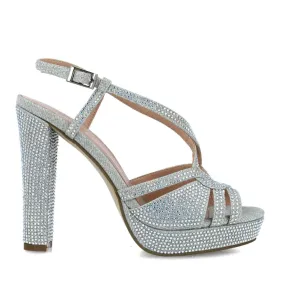 High Heel Silver Sandals with Shimmering Diamante Detailing