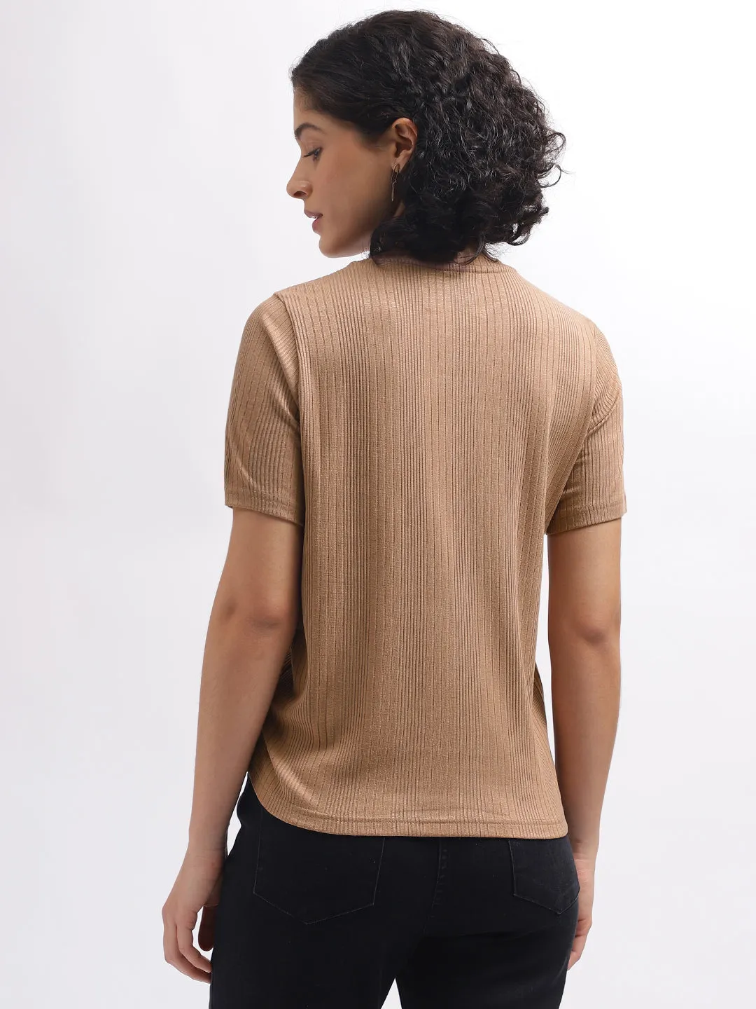 Iconic Women Brown Solid Round Neck Short Sleeves Top