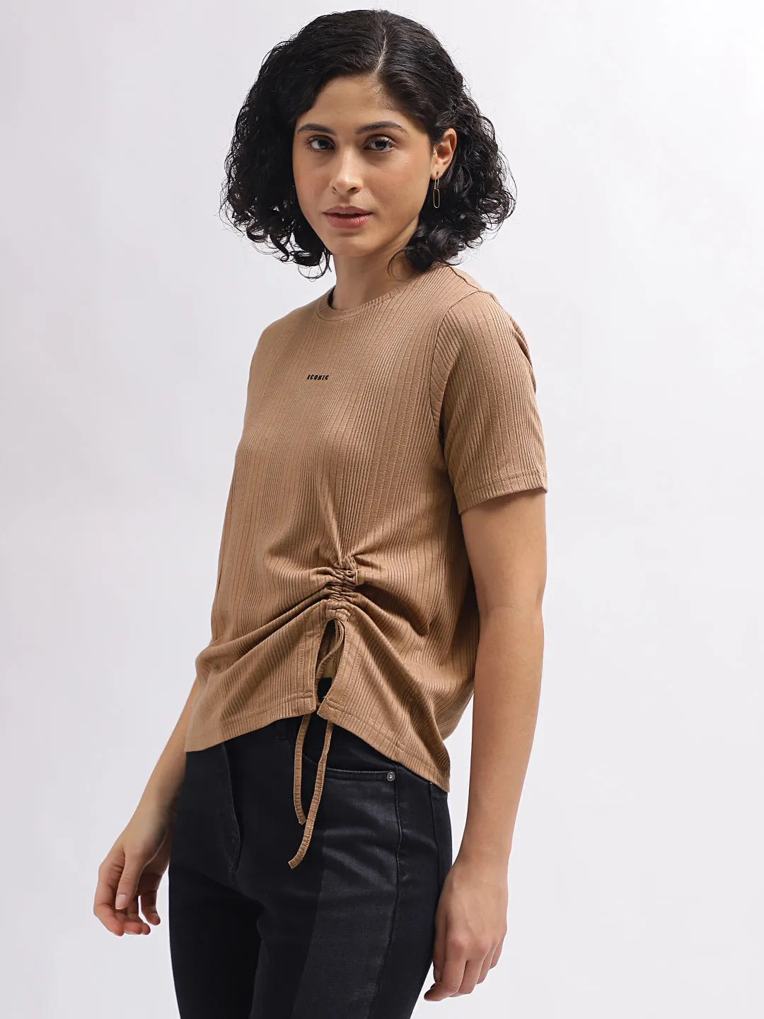 Iconic Women Brown Solid Round Neck Short Sleeves Top