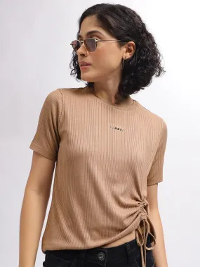 Iconic Women Brown Solid Round Neck Short Sleeves Top