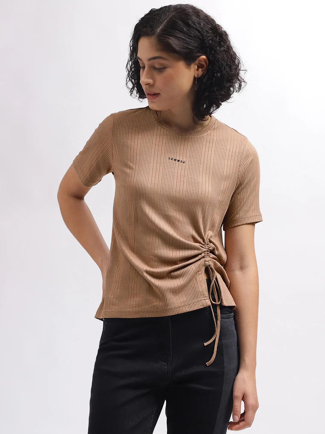 Iconic Women Brown Solid Round Neck Short Sleeves Top