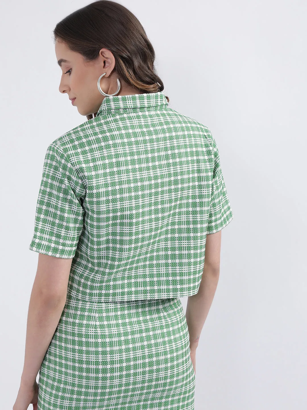 Iconic Women Green Checked Collar Top