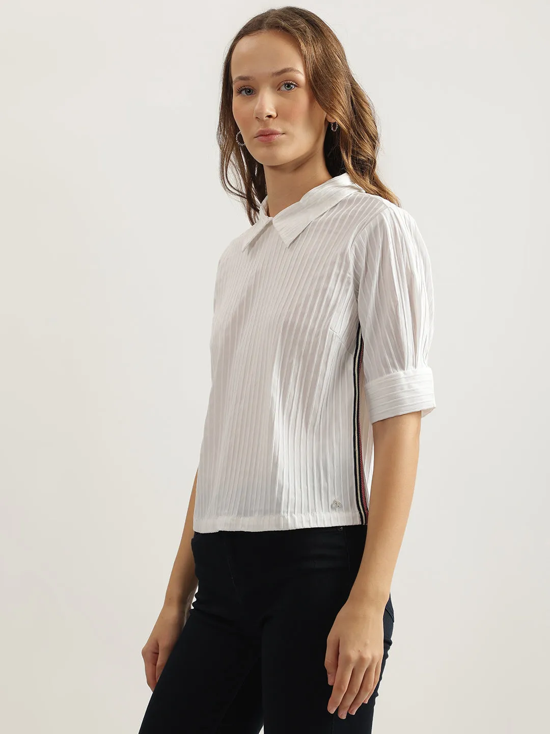 Iconic Women White Self-Design Collar Neck Short Sleeves Top