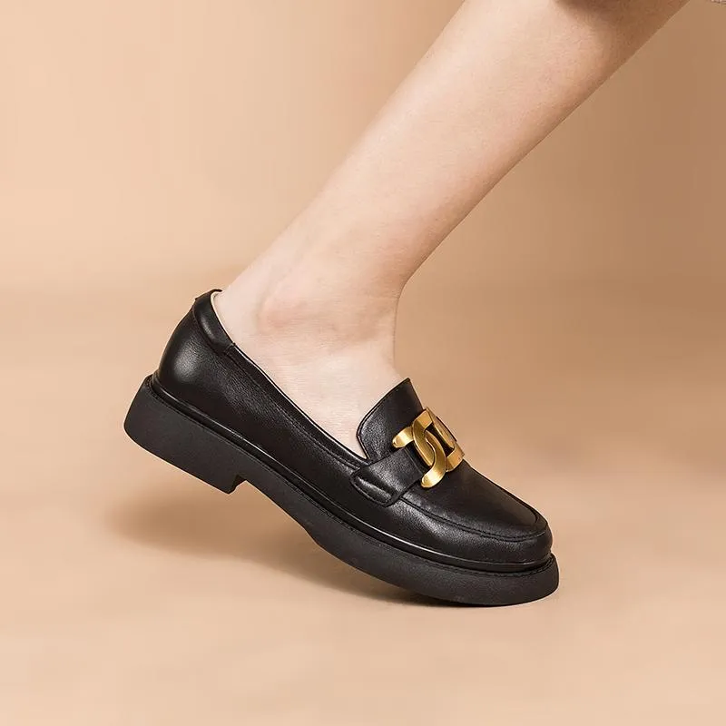 Matte leather Metal Buckle Loafers for Women Handmade Retro Square Heel Black/Beige