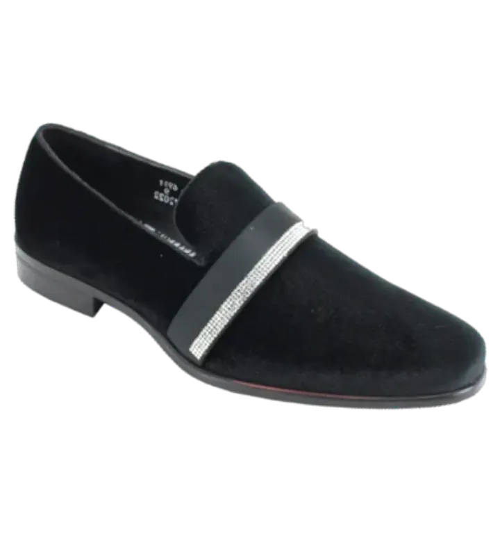 Men's black velvet pull on shoes luxury style with diamonds stone