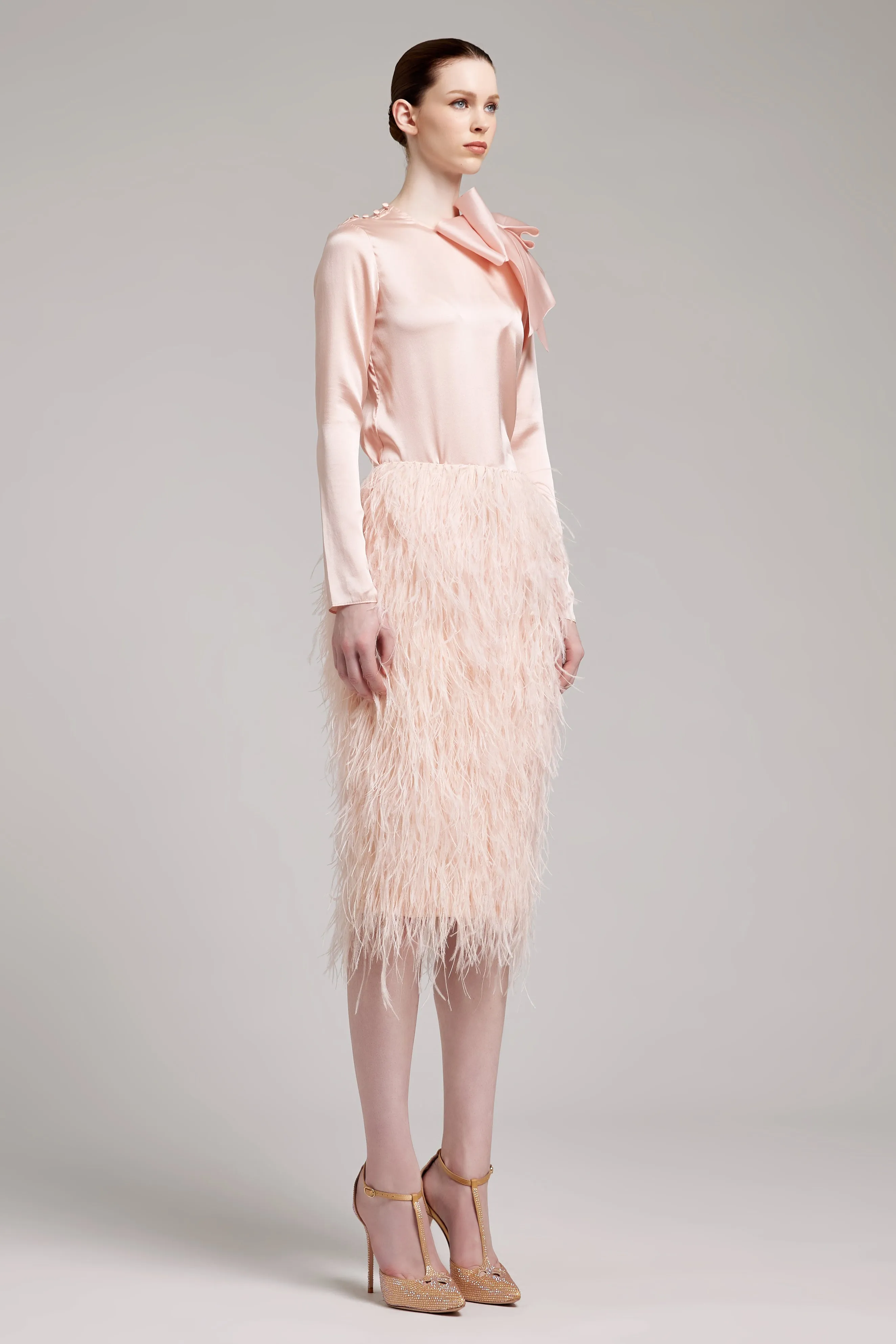 Ostrich Feather Embellished High Waisted Skirt in Baby Pink