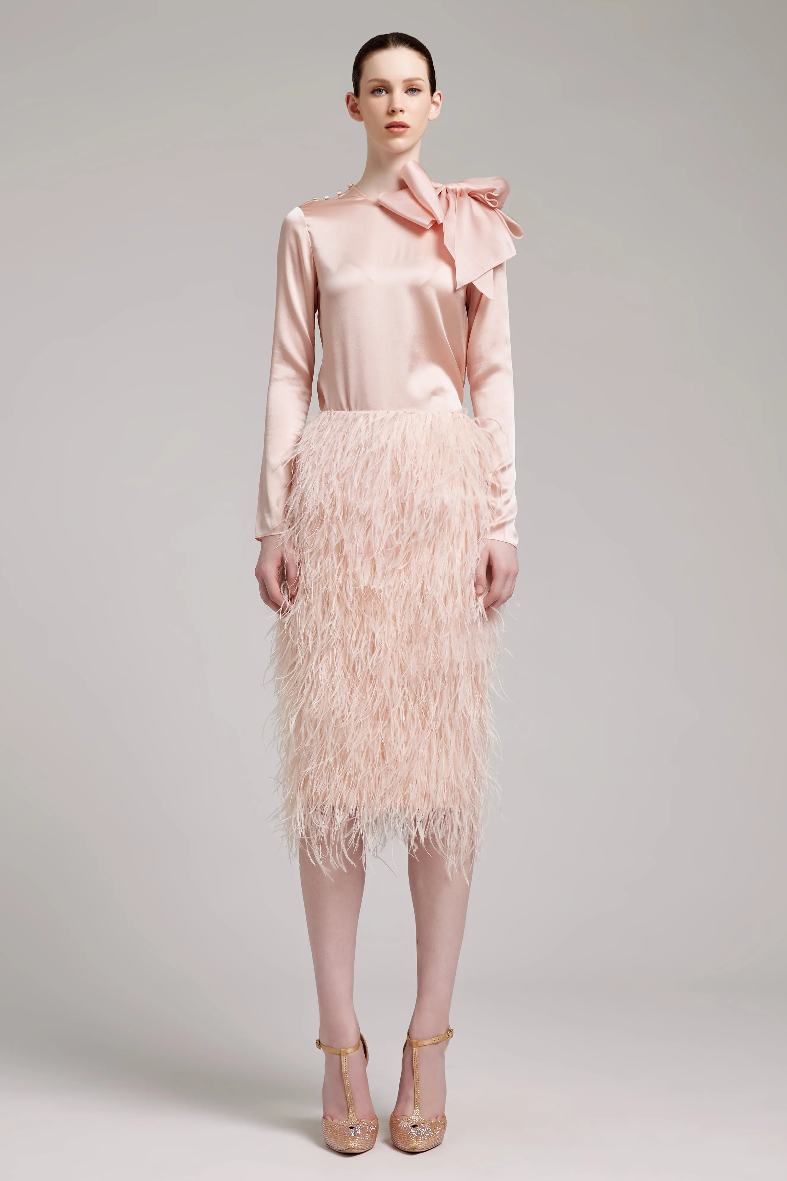 Ostrich Feather Embellished High Waisted Skirt in Baby Pink