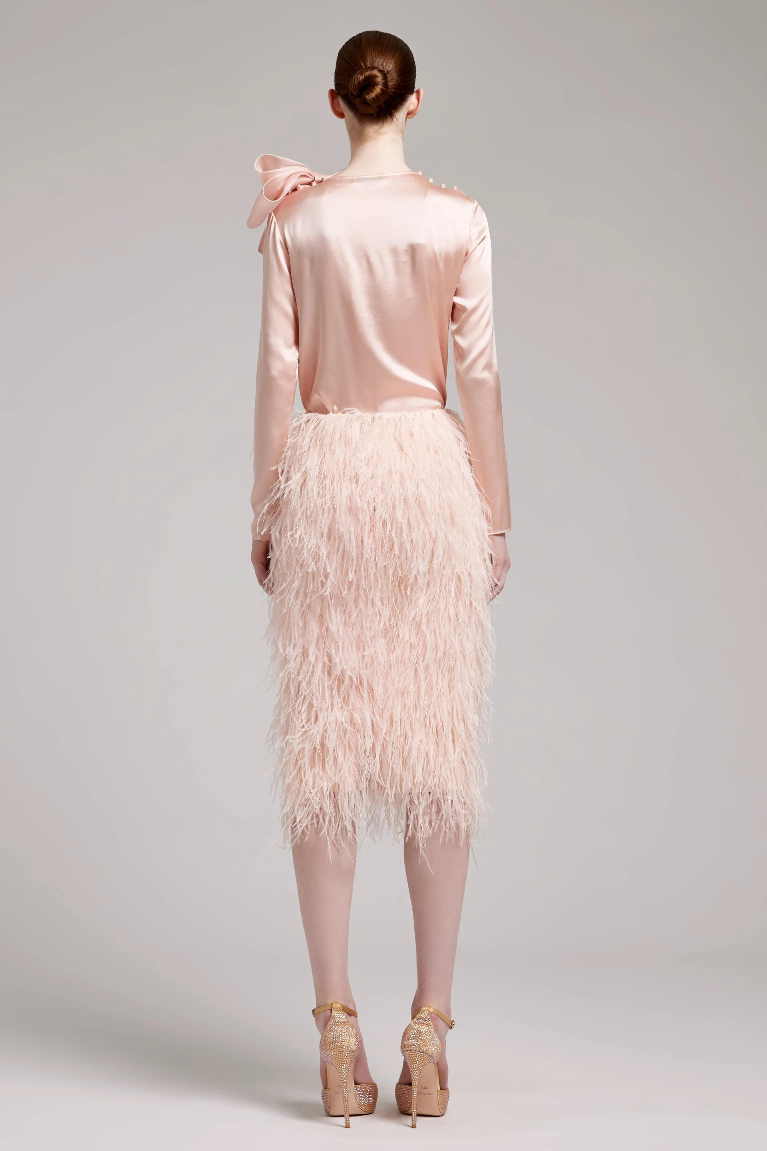 Ostrich Feather Embellished High Waisted Skirt in Baby Pink