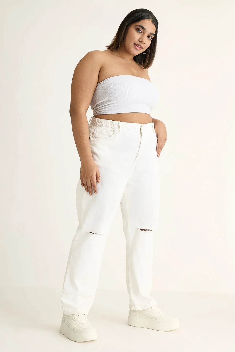 Pearl White Torn Knee Mom Jeans