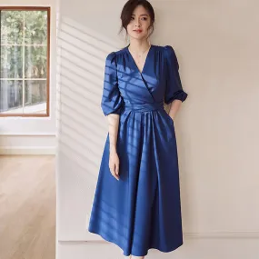 Puff Sleeve Navy Wrap Midi Dress