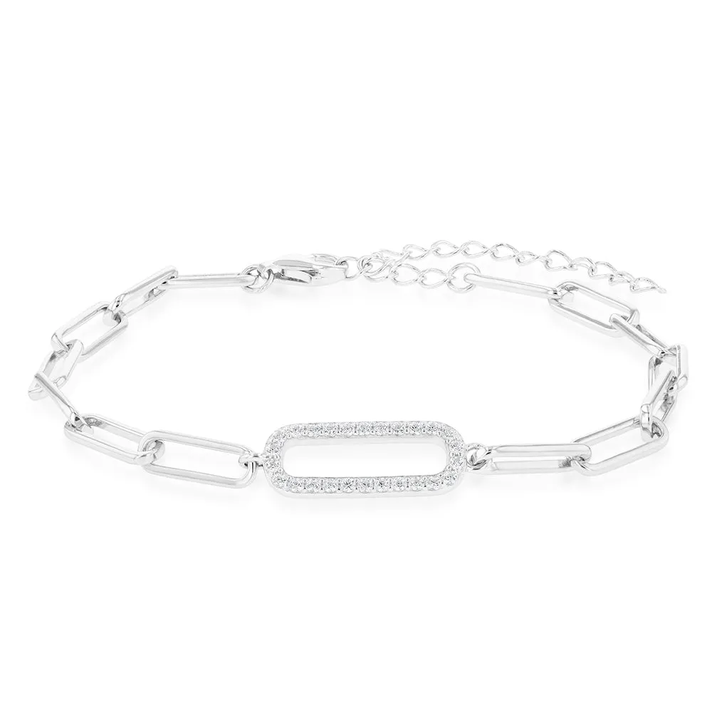 Sterling Silver Cubic Zirconia On Link Rhodium Plated Bracelet