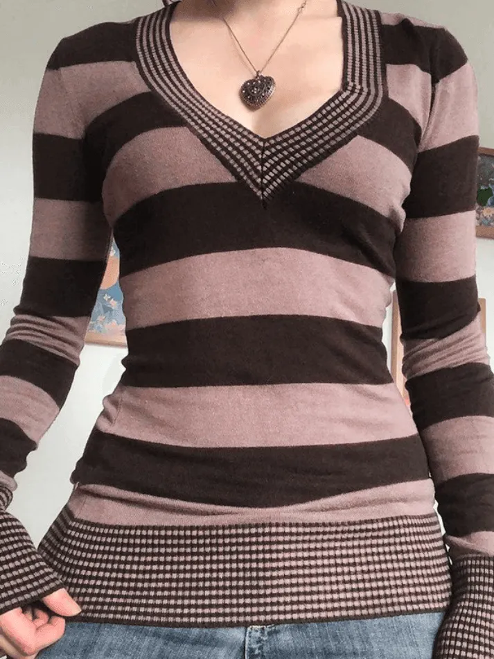 V Neck Striped Trendy Cable Knit Top