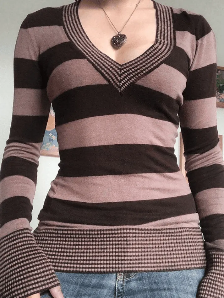 V Neck Striped Trendy Cable Knit Top