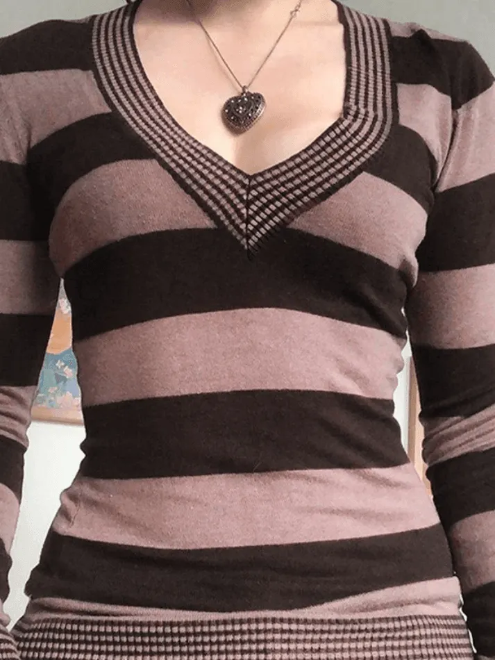 V Neck Striped Trendy Cable Knit Top