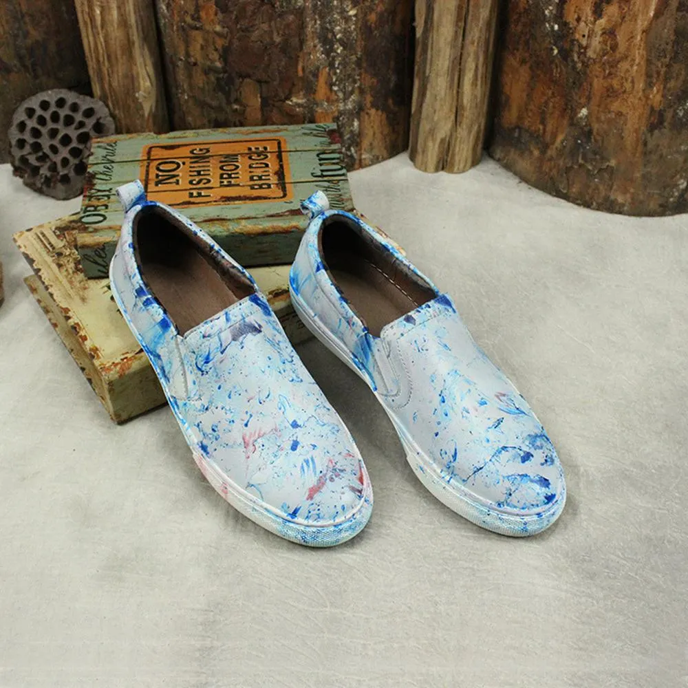 Women'S Sneakers Handmade Casual Flat Shoes Soft Leather Loafers Blue