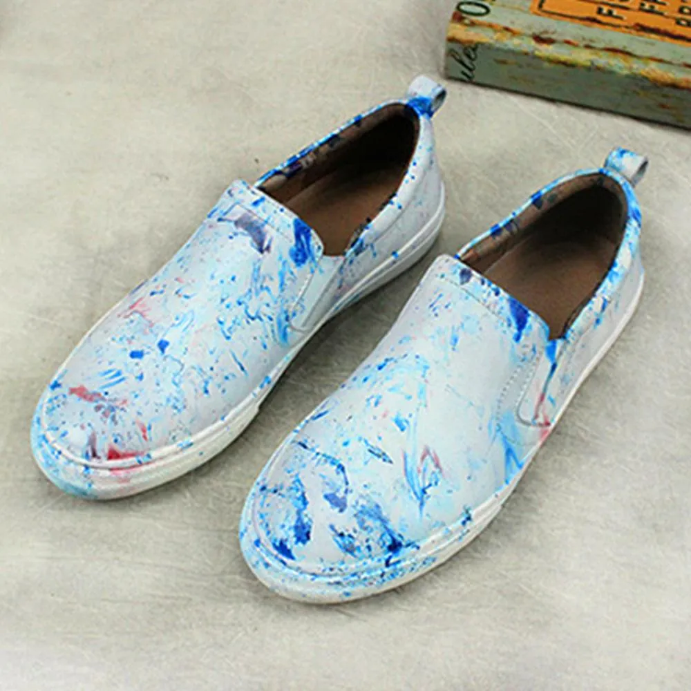 Women'S Sneakers Handmade Casual Flat Shoes Soft Leather Loafers Blue